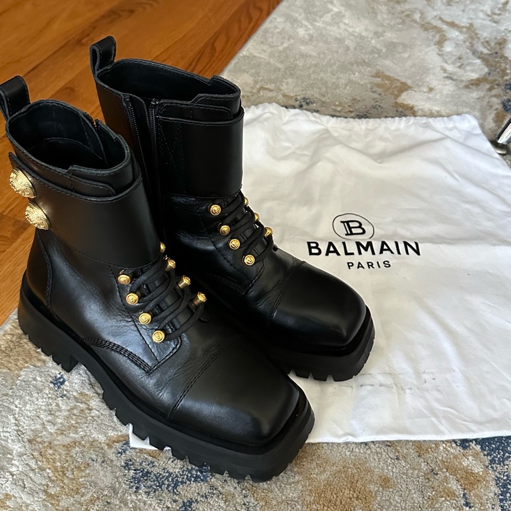 Balmain Combat Black Leather Boots UK 39/US8